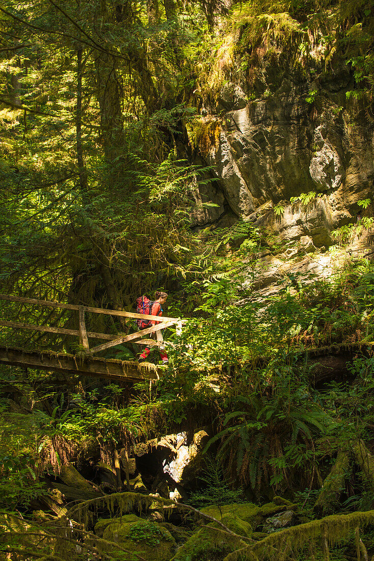 A mid adult woman hikes over a wooden bridge along the West Coast Trail, Pacific Rim National Park on Vancouver Island, British Columbia, Canada