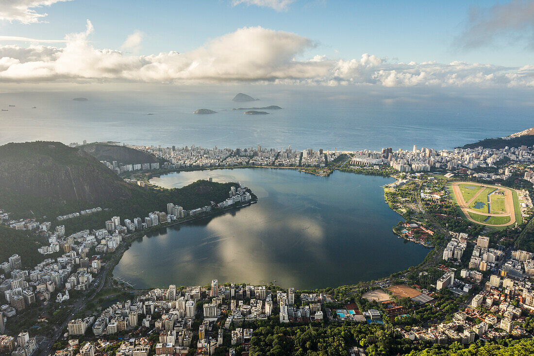 Lagoa Rodrigo de Freitas lagoon seen from Cristo Redentor (Christ the Redeemer) on top of Morro do Corcovado (Corcovado Mountain), Rio de Janeiro, Brazil