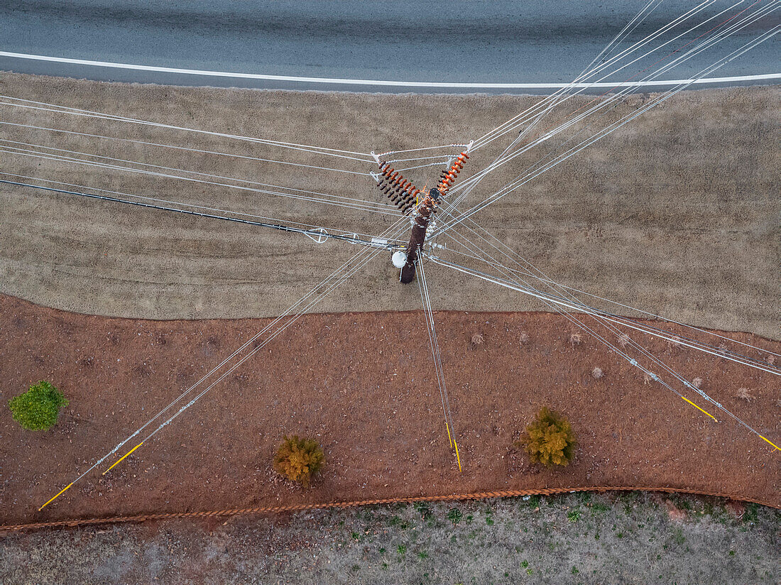 Directly above view of utility pole and power lines, Lilburn, Georgia, USA