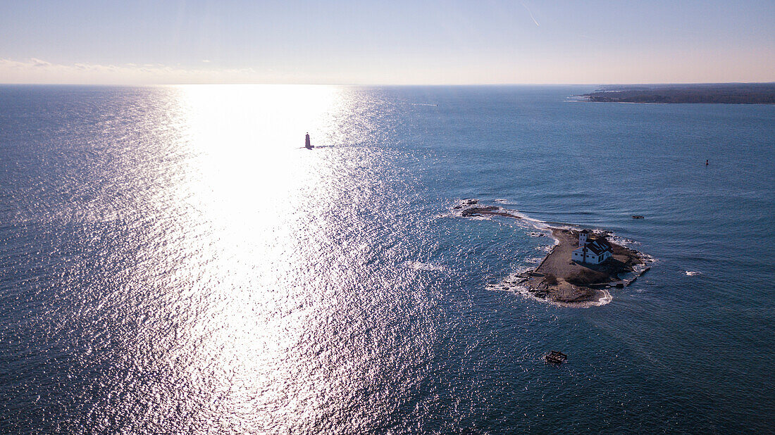 Aerial view scenery of Wood Island and Whaleback Island lighthouse in Newcastle, New Hampshire, USA