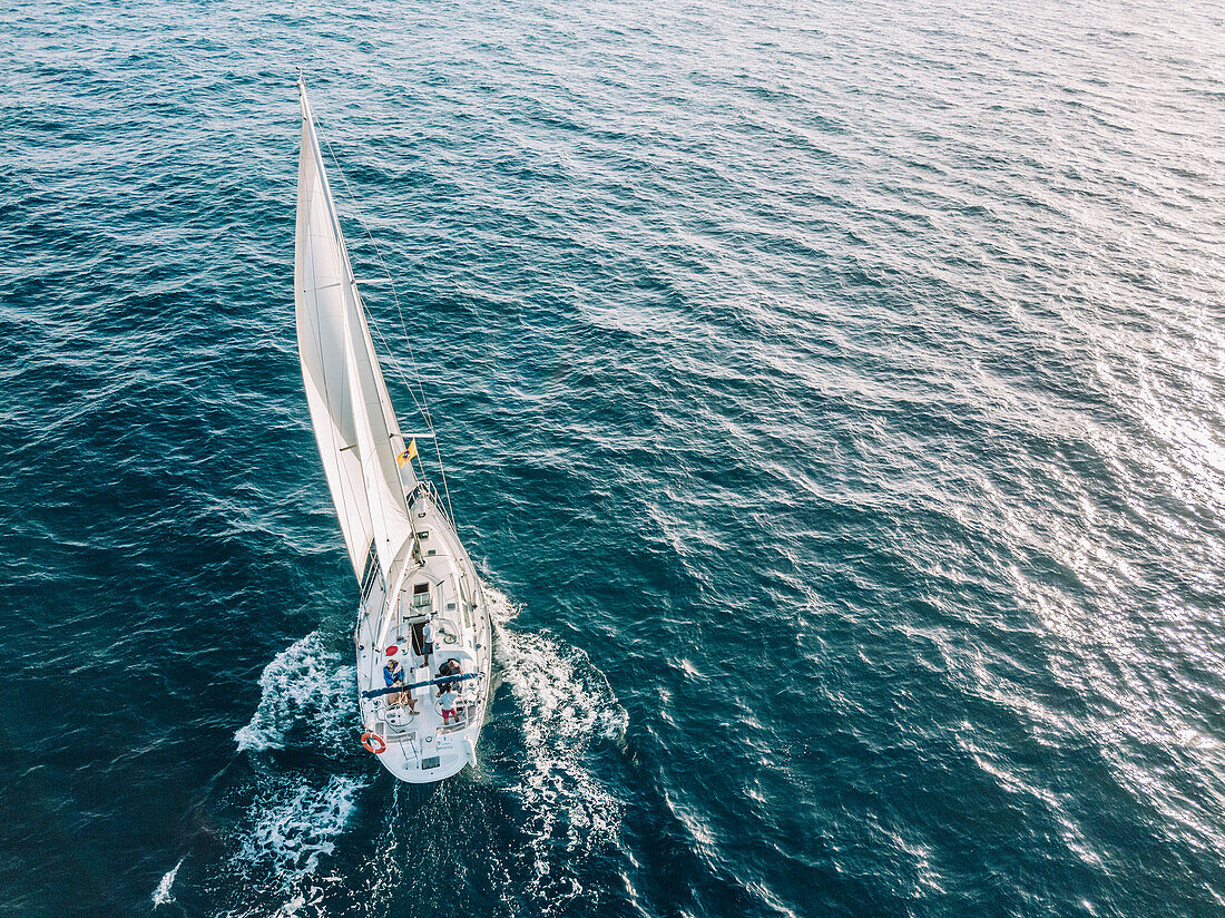 Aerial view of a sailboat in open seas