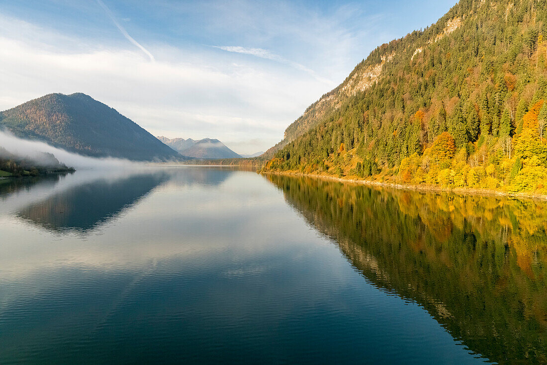 Sylvenstein Lake in an autumn morning. Bad Tölz-Wolfratshausen district, Bavaria, Germany.