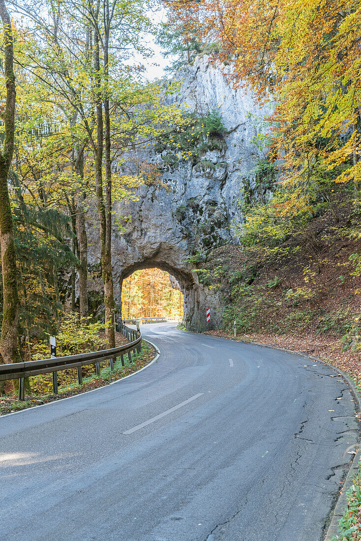 Road and rock gallery. Upper Danube Nature Park, Beuron, Baden-Württemberg, Germany.