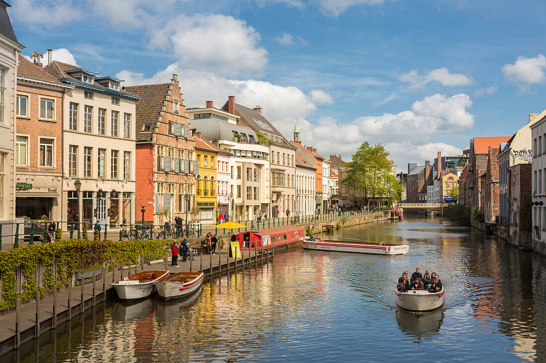 Colorful buildings along the Leie river in the city of Ghent, east flanders province, flemish region, Belgium.