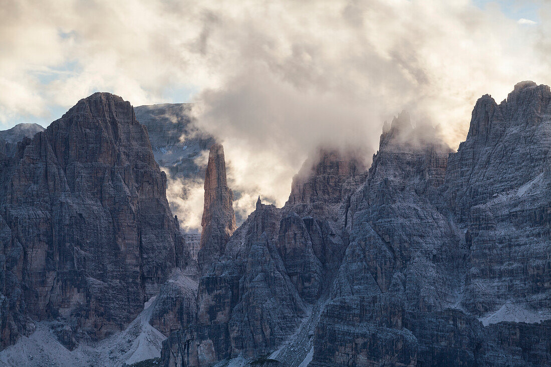 Campanile Basso, Brenta dolomites, Trento district, Adamello Brenta natural park, Trentino Alto-Adige, Italy. View from Piz Galin towards Campanile Basso