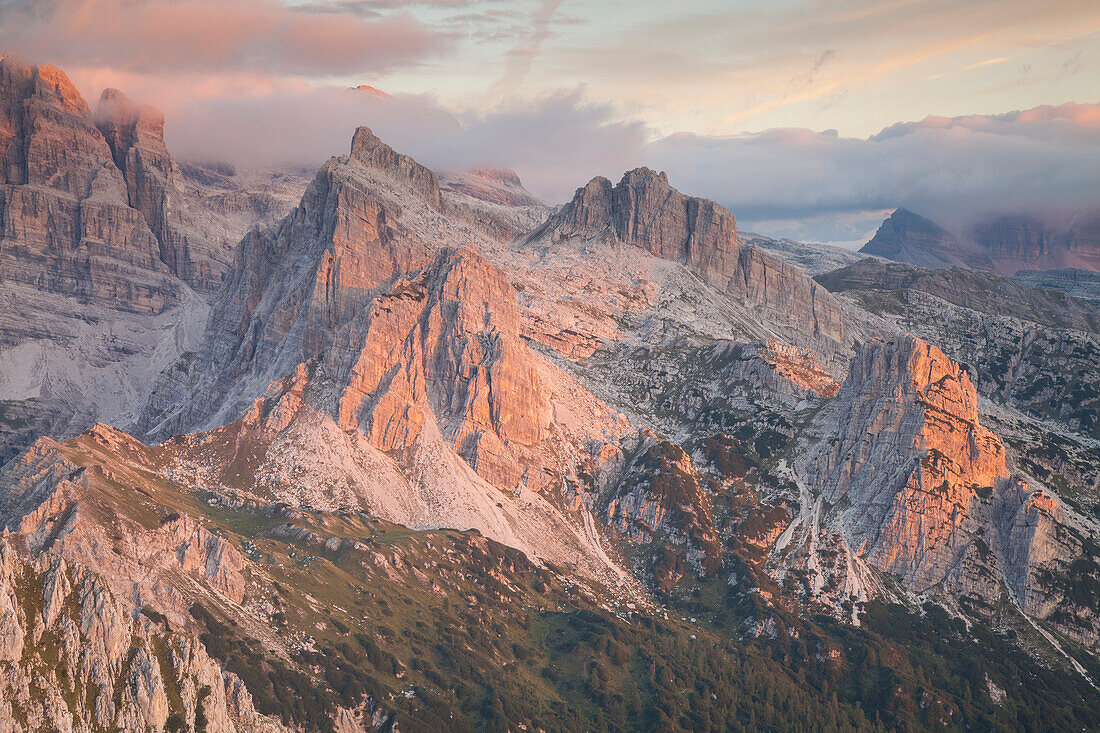 Piz Galin, Brenta Dolomites, Andalo, Adamello Brenta natural park, Trentino Alto Adige, Italy, Europe. View of Brenta group at sunrise