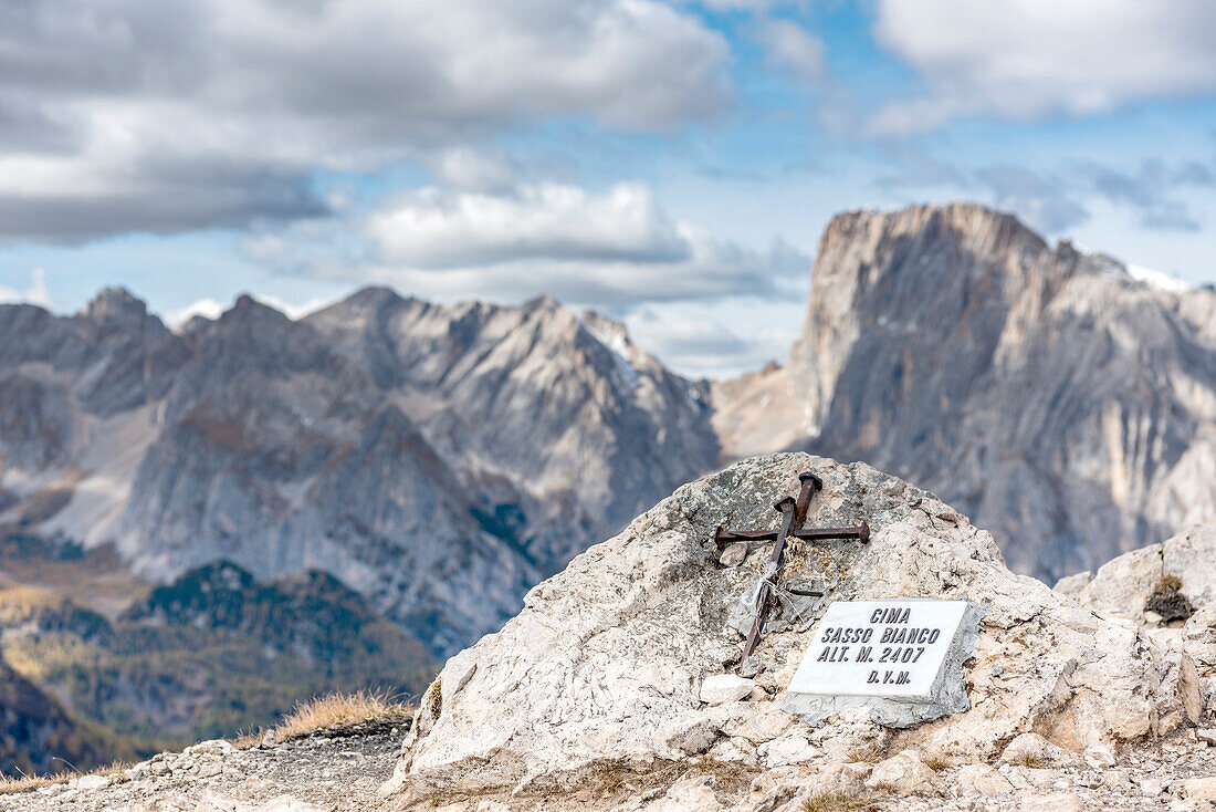 Mount Sasso Bianco, Dolomites, Alleghe, province of Belluno, Veneto, Italy, Europe. At the top of the mount Sasso Bianco