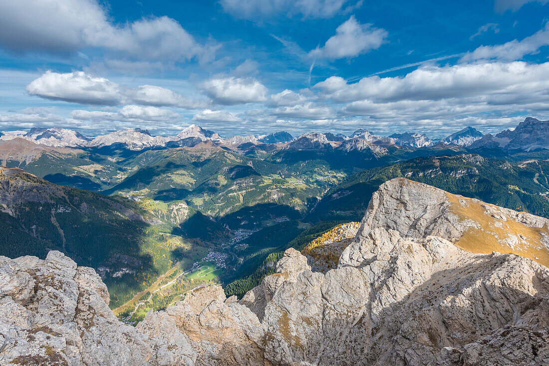 Mount Sasso Bianco, Dolomites, Alleghe, province of Belluno, Veneto, Italy, Europe. The summit panorama of Sasso Bianco