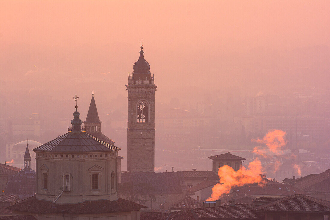 Sunrise in Bergamo Upper Town (città alta), Bergamo City, Province of Bergamo, Lombardy district, Italy, Europe