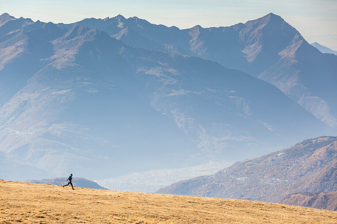 Runner on the slopes of Scermendone with Orobie Alps on background, Valtellina, province of Sondrio, Lombardy, Italy