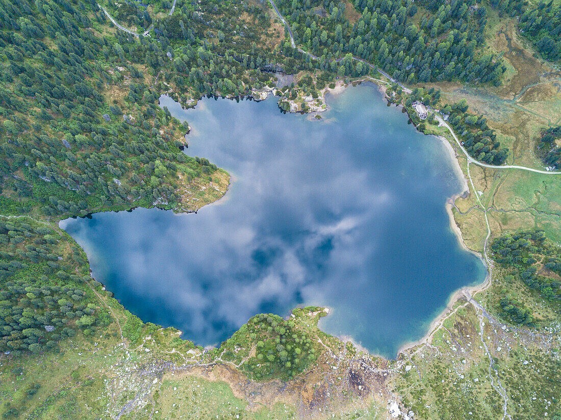 Aerial view of Lake Cavloc surrounded by woods, Maloja Pass, Bregaglia Valley, canton of Graubünden, Engadine,Switzerland