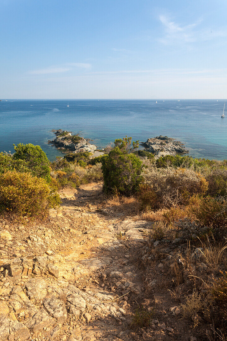 Overview of blue sea from the inland, Lacona, Capoliveri, Elba Island, Livorno Province, Tuscany, Italy