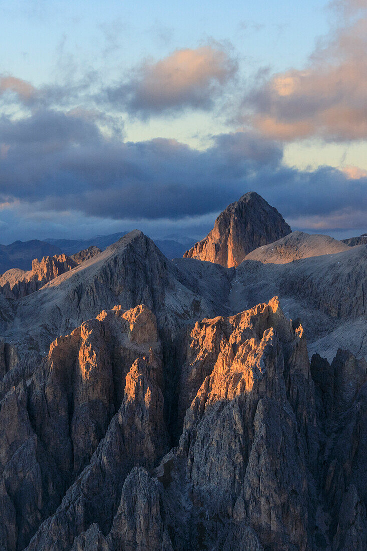 Aerial view of Catinaccio Group (Rosengarten) at sunset, Dolomites, South Tyrol, Italy