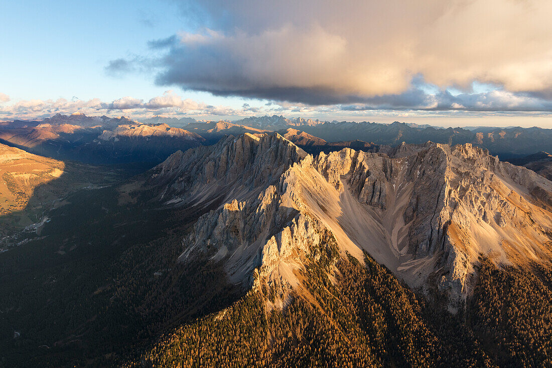 Aerial view of the rocky peaks of Latemar at sunset, Dolomites, South Tyrol, Italy