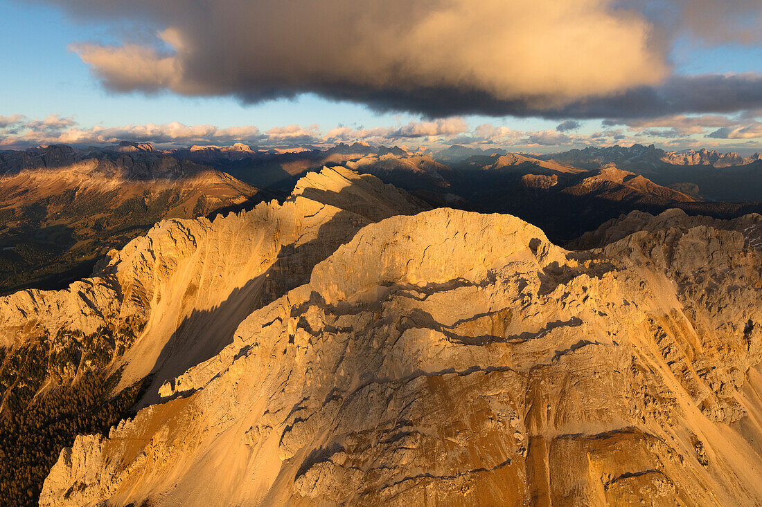 Aerial view of Latemar massif at sunset, Dolomites, South Tyrol, Italy