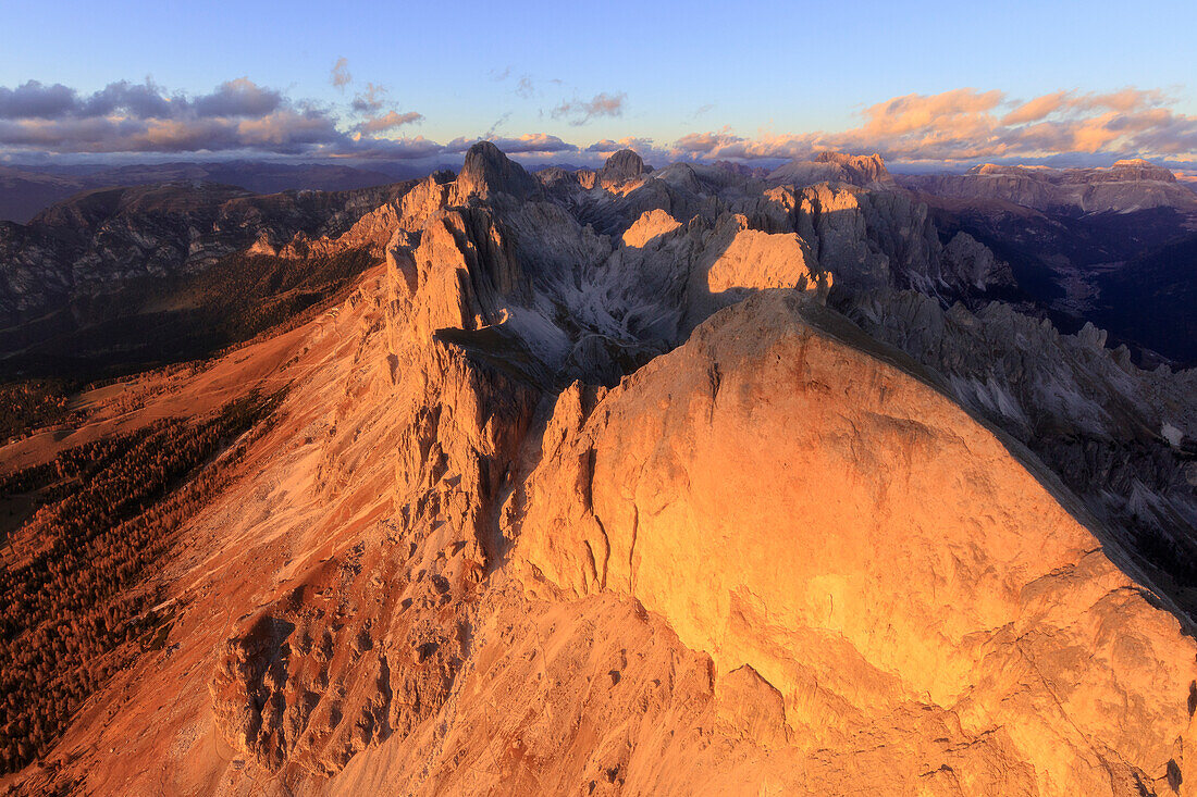 Aerial view of Roda Di Vael at sunset, Catinaccio Group (Rosengarten), Dolomites, South Tyrol, Italy