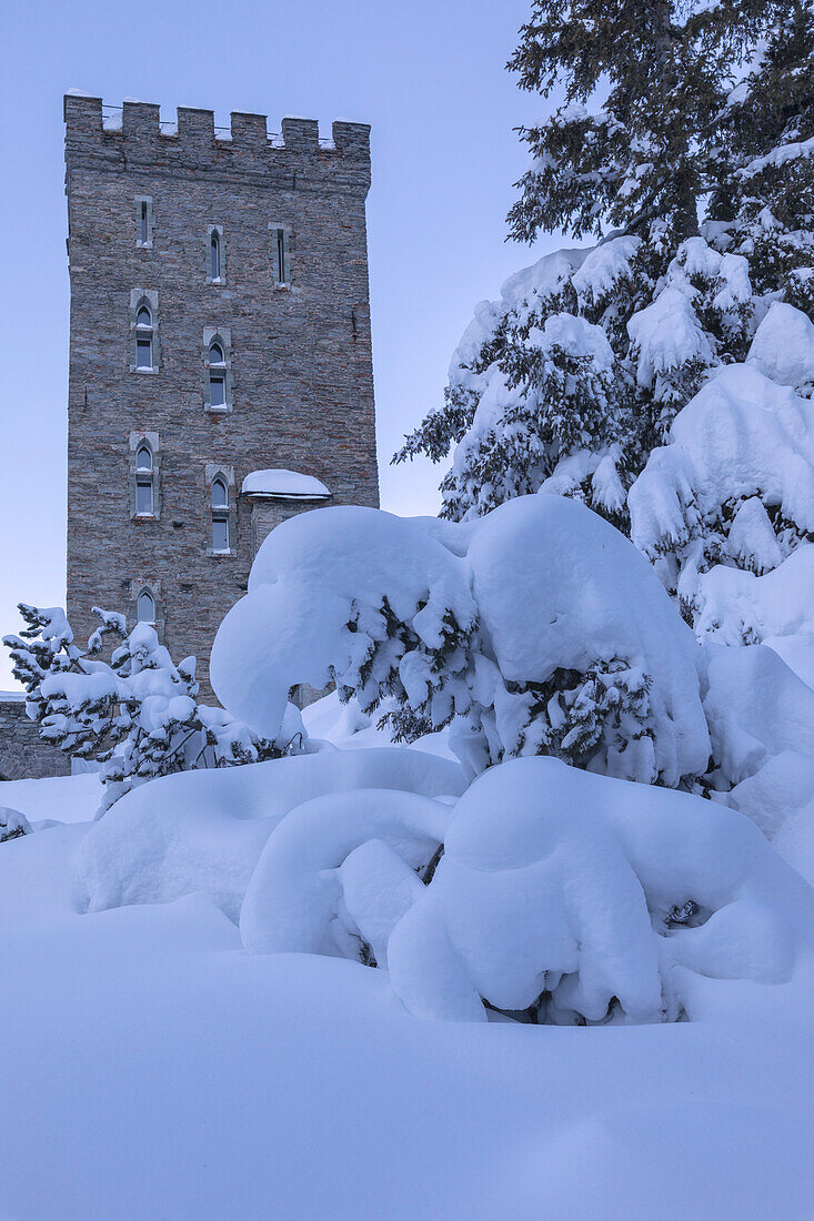Belvedere Tower surrounded by snow, Maloja Pass, Bregaglia Valley, canton of Graubunden, Engadin, Switzerland