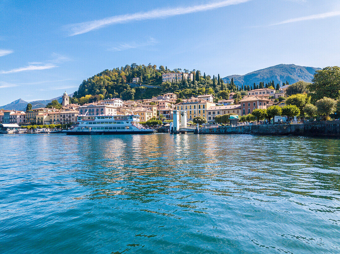 Panoramic aerial view of the village of Bellagio on the shore of Lake Como, Province of Como, Lombardy, Italy