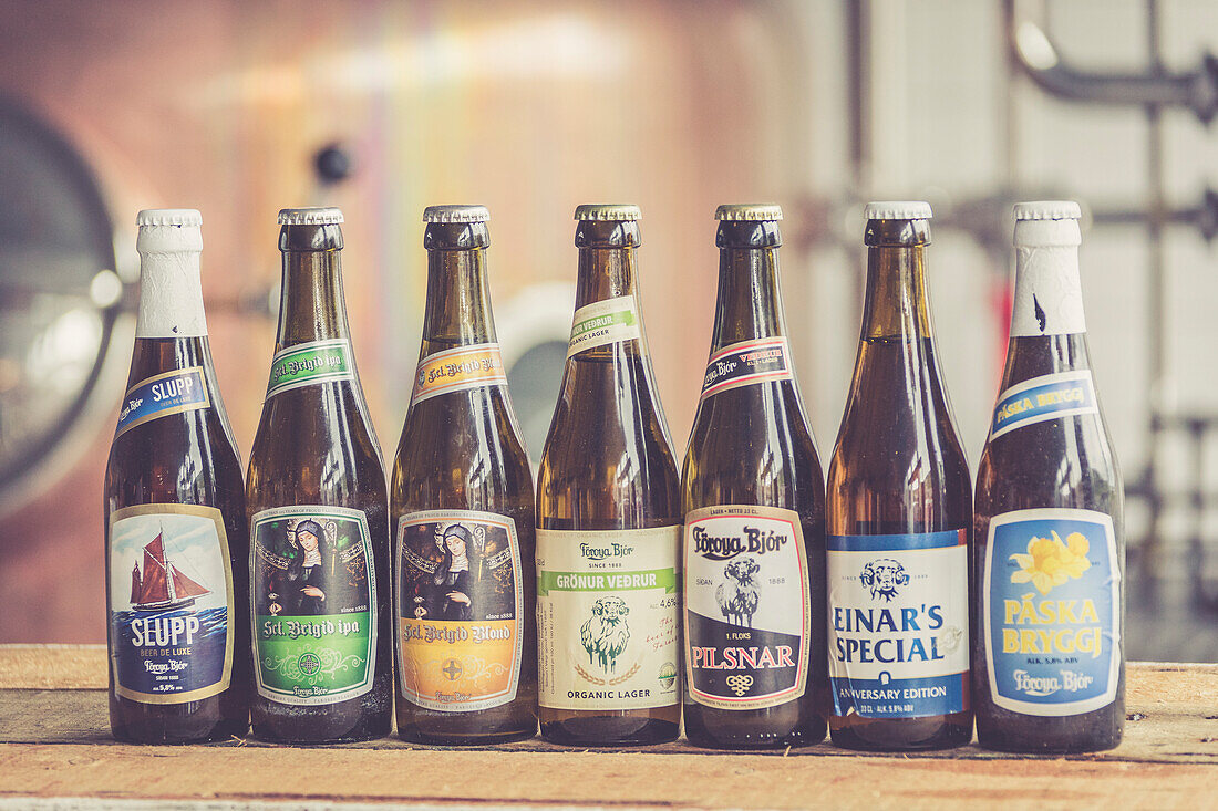 Close up of beer bottles of the Foroya Bjor family brewery, Klaksvik, Bordoy Island, Faroe Islands