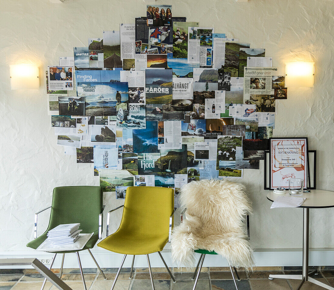 Chairs and advertising in the tourism office Visit Faroe,Torshavn, Streymoy Island, Faroe Islands