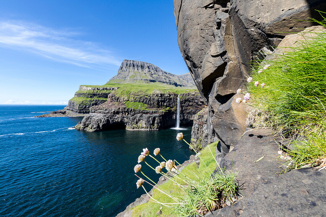 Mulafossur Waterfall in summer, Gasadalur, Vagar Island, Faroe Islands