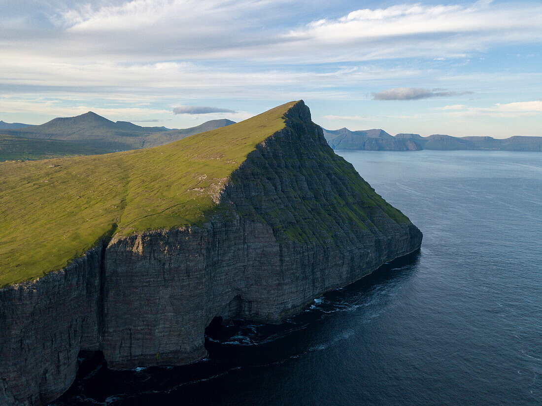 Overview of cliffs and lake Sorvagsvatn, Vagar Island, Faroe Islands