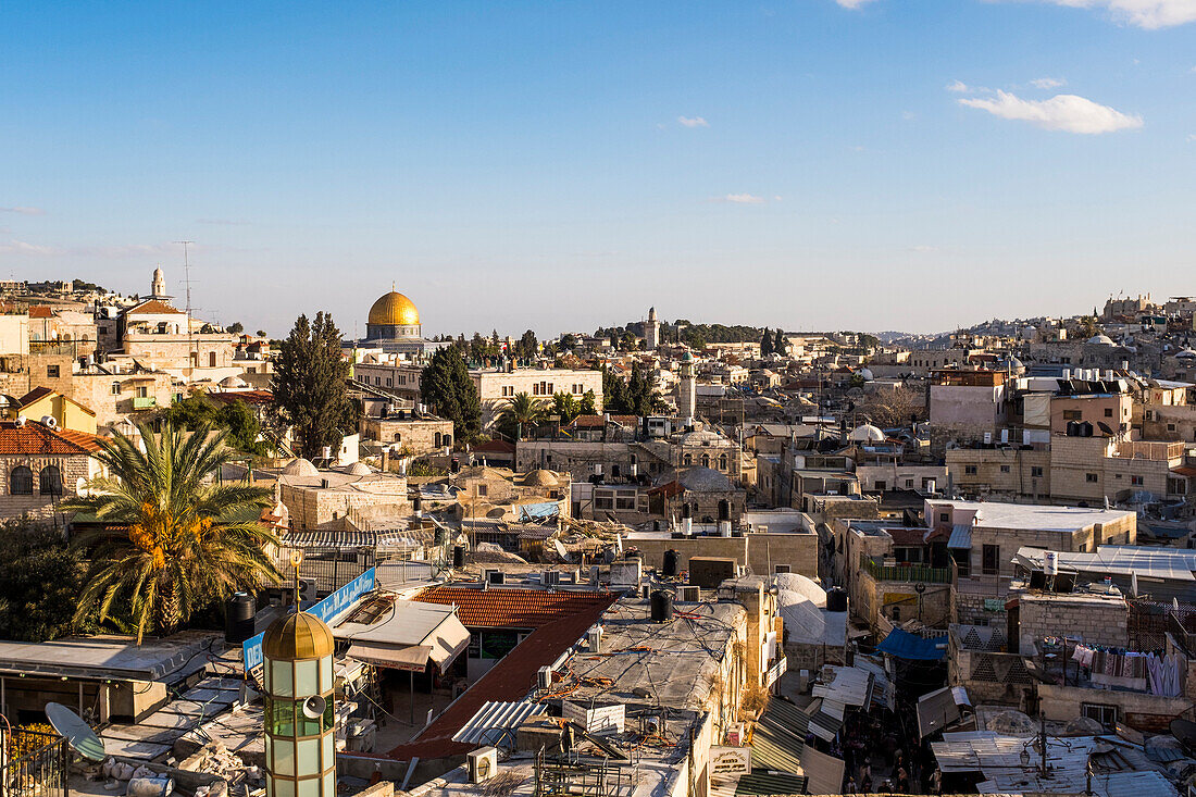 Panoramic view of Jerusalem from the ancient walls of the old city near the Damascus Gate, Jerusalem, Israel, Middle East