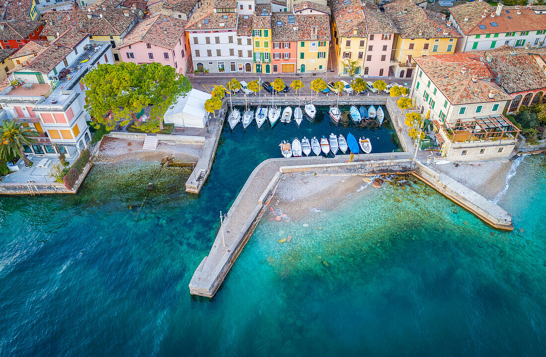 Aerial view of Villa harbour and village. Garda Lake, Brescia Province, Lombardy, Italy