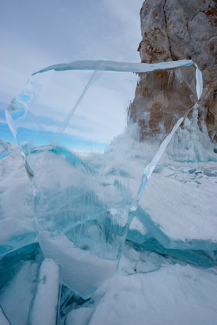 Piece of transparent ice on the Lake Baikal, Irkutsk region, Siberia, Russia
