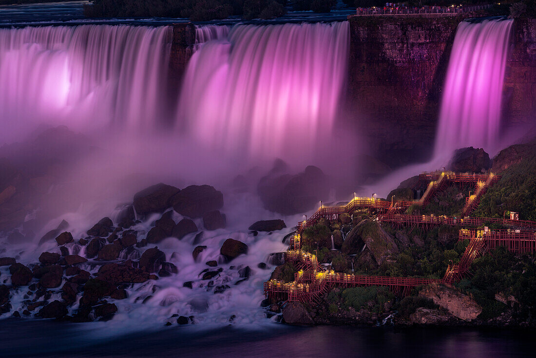 Niagara falls purple night illumination, niagara, state of new york, usa