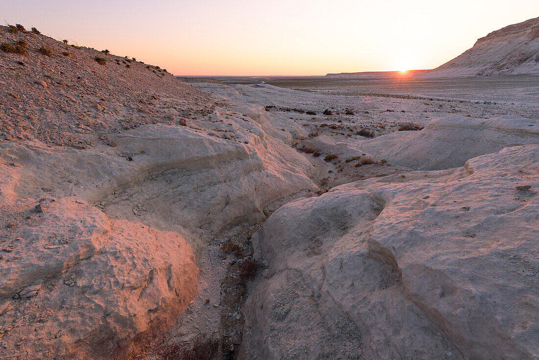 Rock formations at sunset at Boszhira at Caspian Depression desert, Aktau, Mangystau region, Kazakhstan
