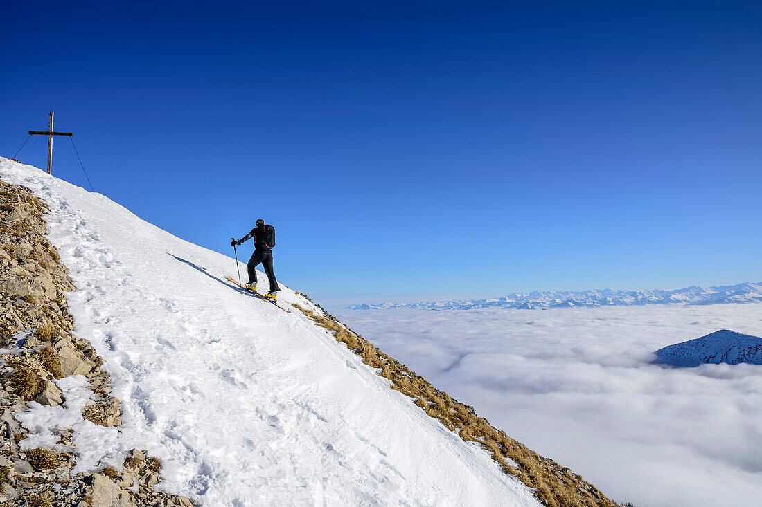 Man backcountry skiing ascending towards summit of Hinteres Sonnwendjoch, fog in the valley, Hinteres Sonnwendjoch, Bavarian Alps, Tirol, Austria
