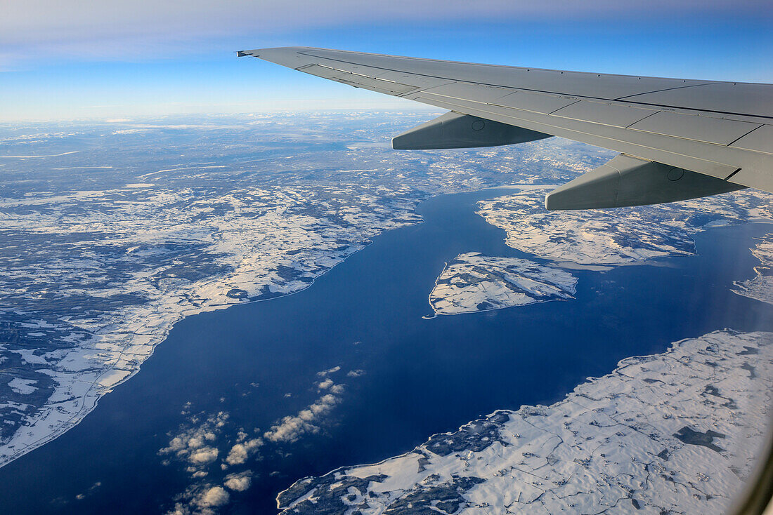 Lake Mjoesa in winter, aerial shot, Norway