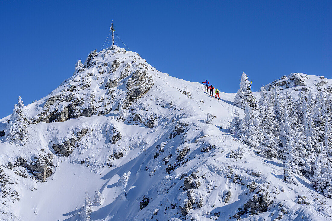 Three persons backcountry skiing ascending towards Wildalpjoch, Wildalpjoch, Bavarian Alps, Upper Bavaria, Bavaria, Germany