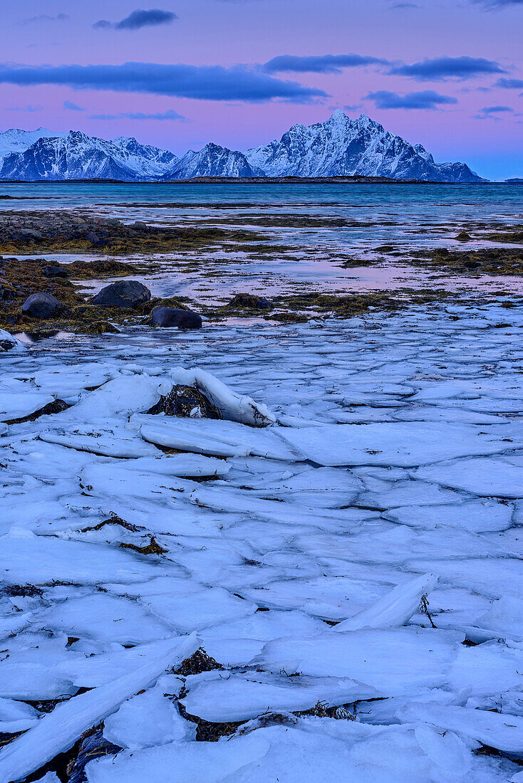 Eisschollen mit verschneiten Bergen im Hintergrund, Lofoten, Nordland, Norwegen