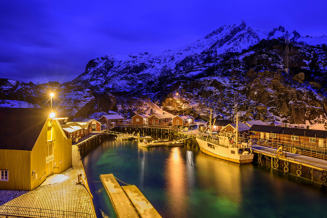 Fisherman´s cabins in Nusfjord at dusk, Nusfjord, Lofoten, Nordland, Norway