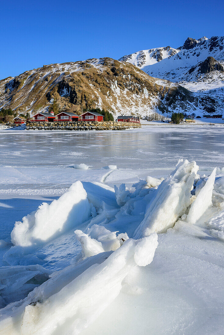 Eisschollen im Fjord mit Fischerhäusern im Hintergrund, Lofoten, Nordland, Norwegen