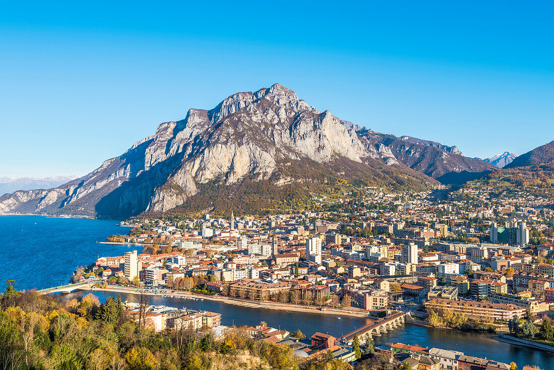 Elevated view of Lecco city with its 3 bridges. Lecco, Como lake, Lombardy, Italy, Europe