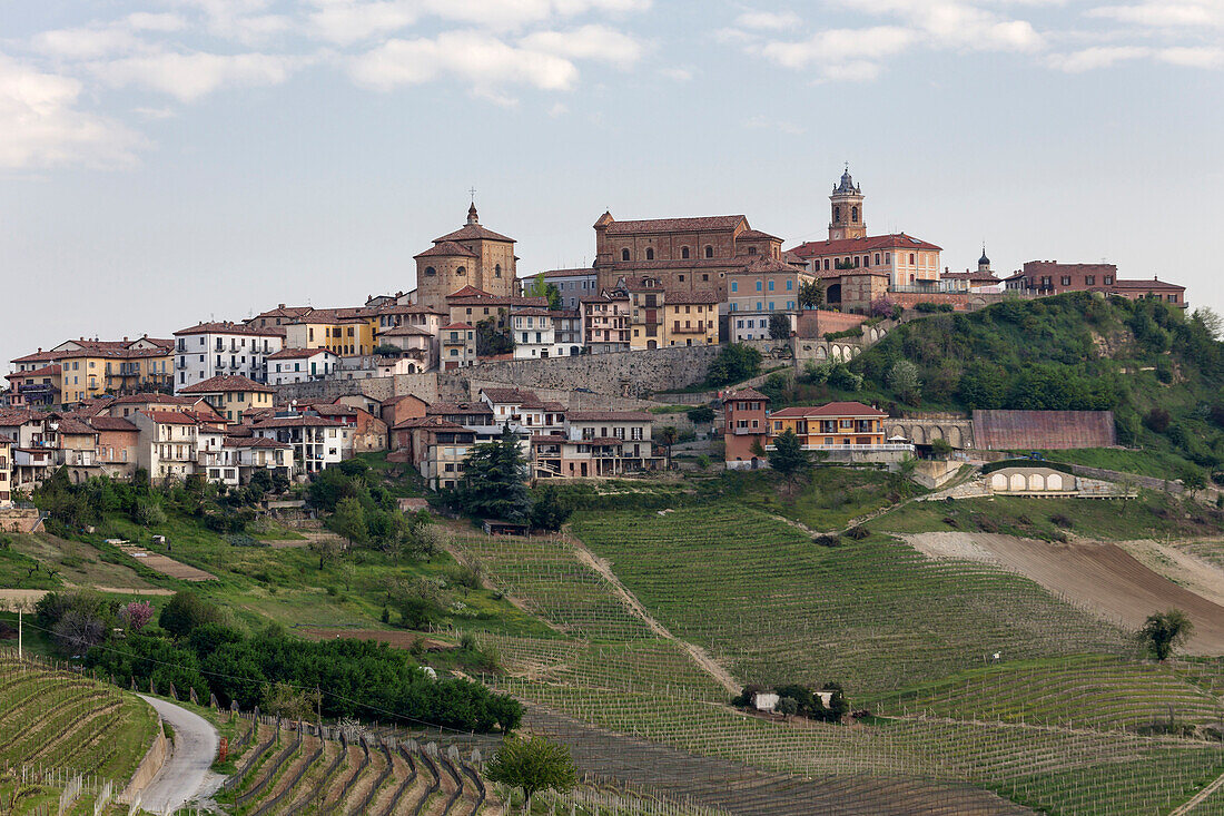 Langhe, Cuneo district, Piedmont, Italy. Langhe wine region spring, La Morra village