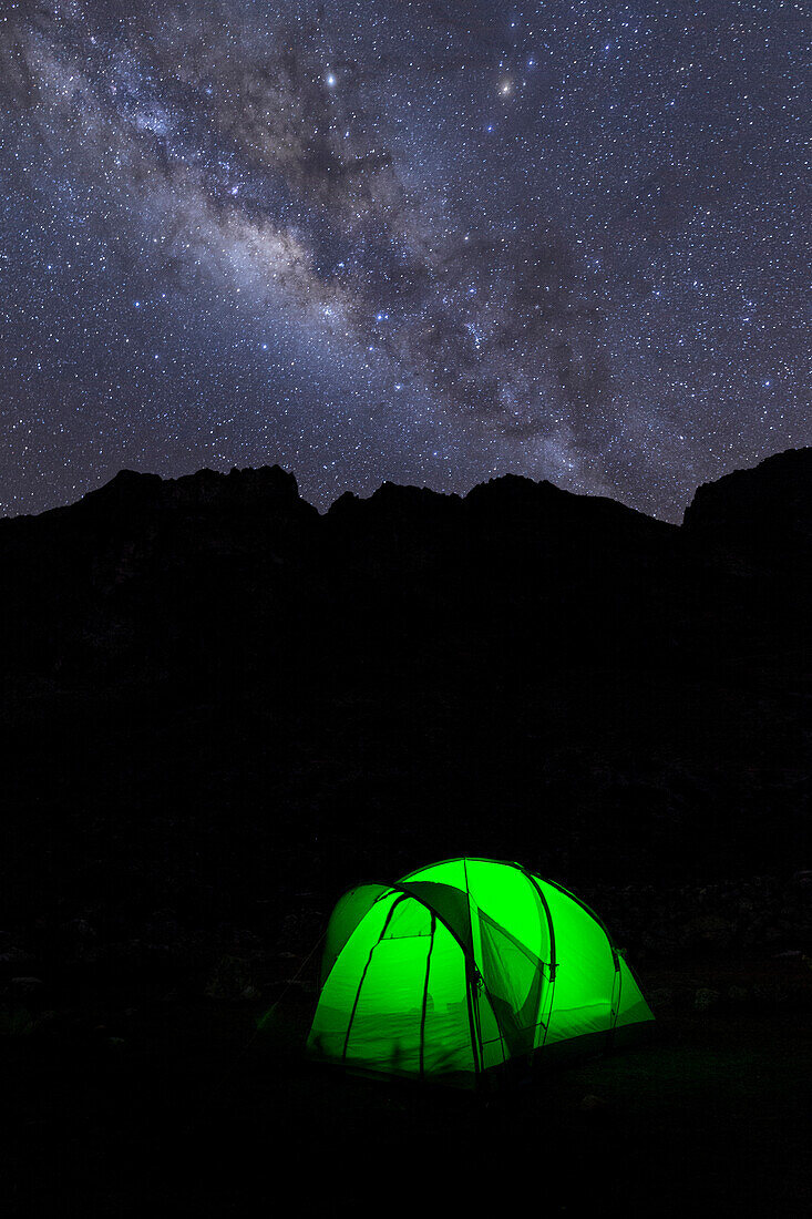 A night in tent under milky way. Ancash, Santa Cruz trekking, Andes, Peru