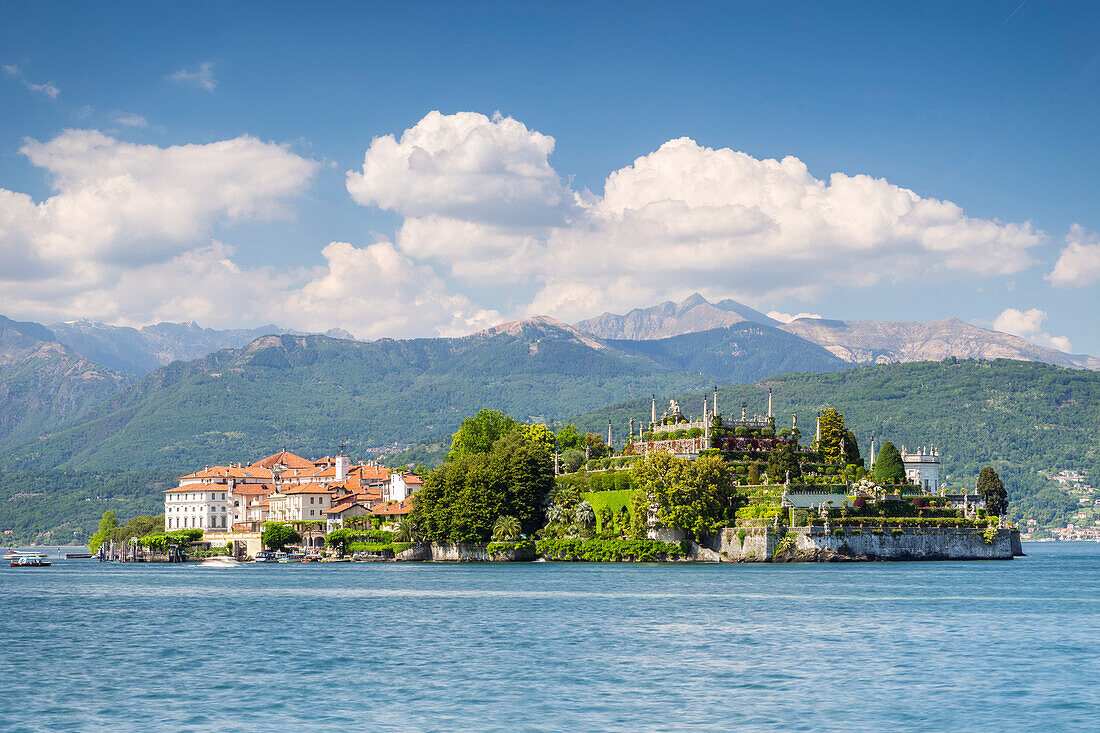 View of the Isola Bella, from the shore of Baveno in a spring day, Verbano Cusio Ossola, Lago Maggiore, Piedmont, Italy.