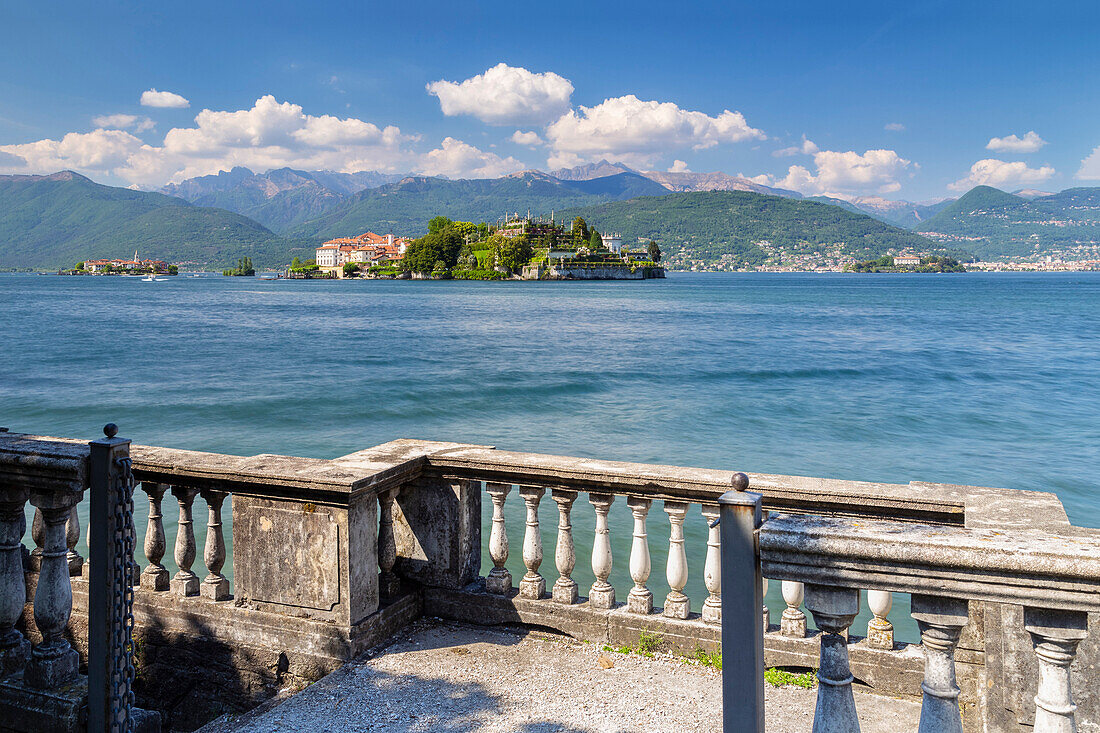 View of the Borromean Islands, Isola dei Pescatori, Isola Bella and Isola Madre from a balcony on the lake front of Stresa in a spring day. Verbano Cusio Ossola, Lago Maggiore, Piedmont, Italy.