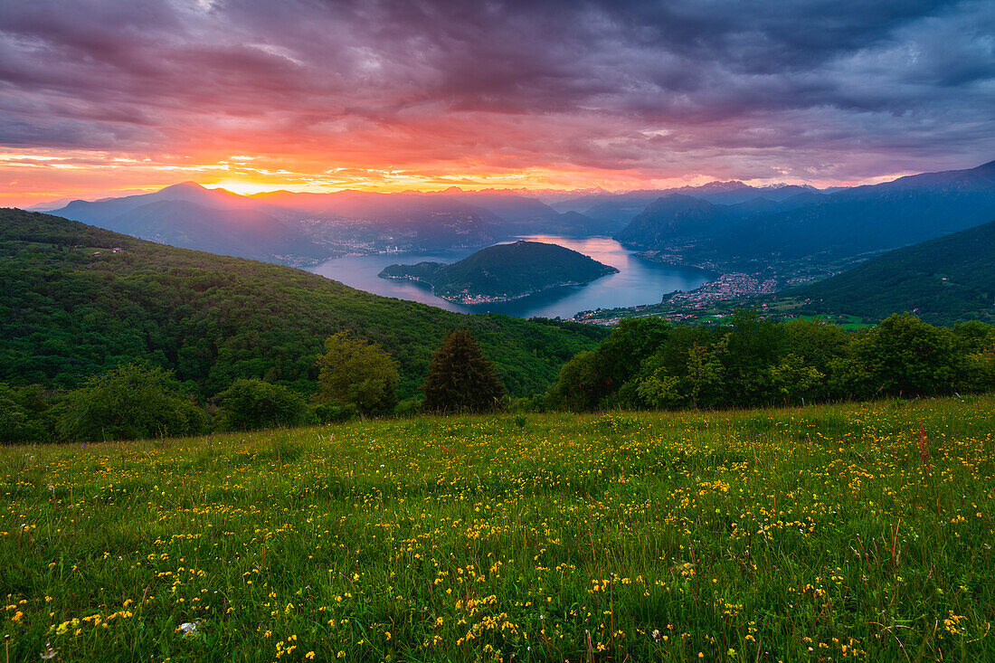 Montisola and iseo lake at sunset, Lombardy district, Brescia province, Italy.