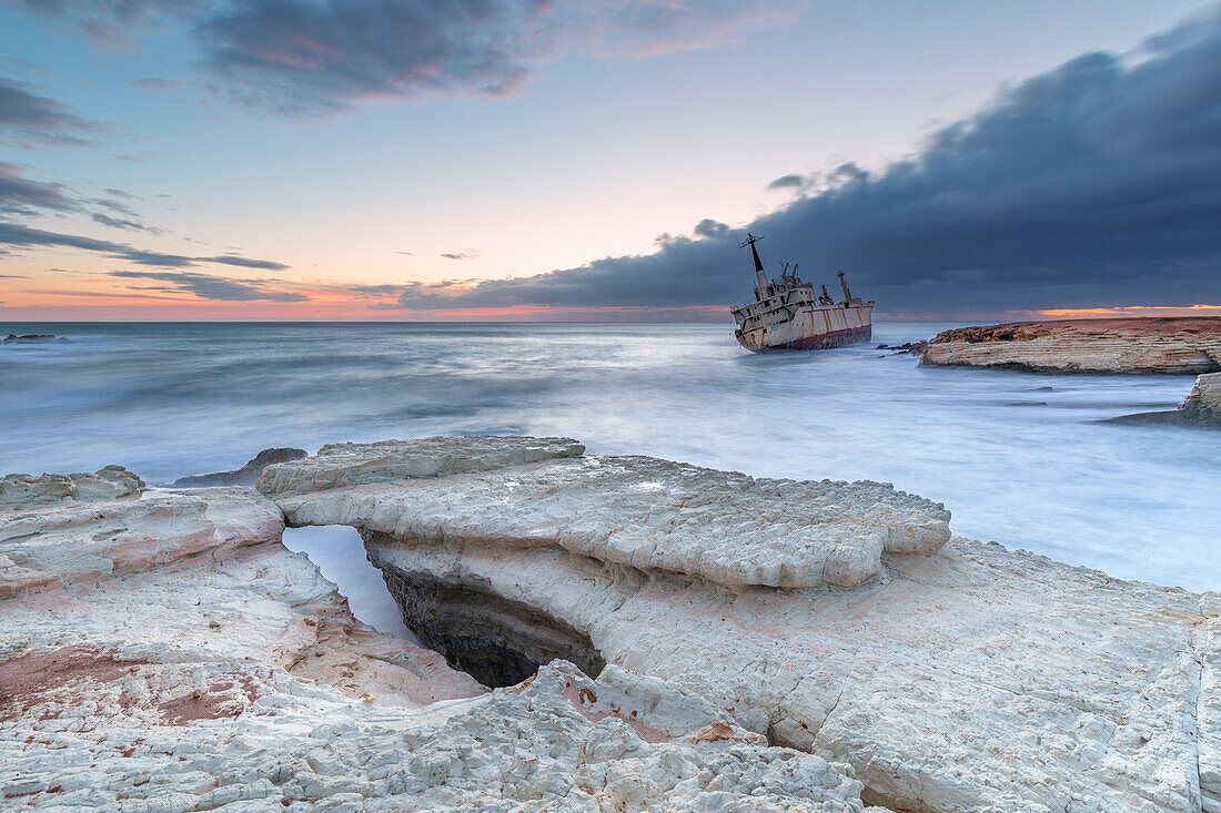 Cyprus, Paphos, Coral Bay, the shipwreck of Edro III at sunset