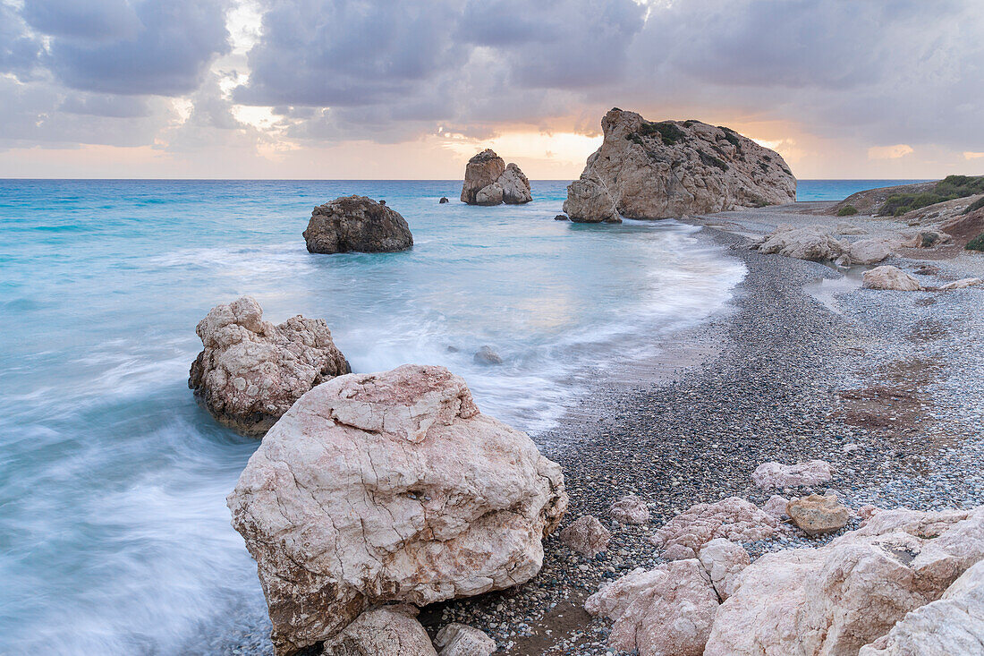 Cyprus, Paphos, Petra tou Romiou also known as Aphrodite’s Rock at sunset