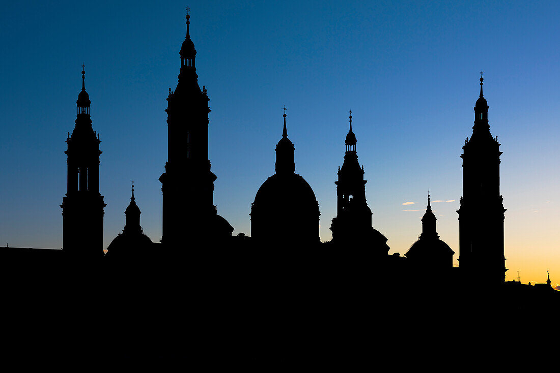 Silhouette of Cathedral of Our Lady of the Pillar. Zaragoza, Aragon, Spain, Europe