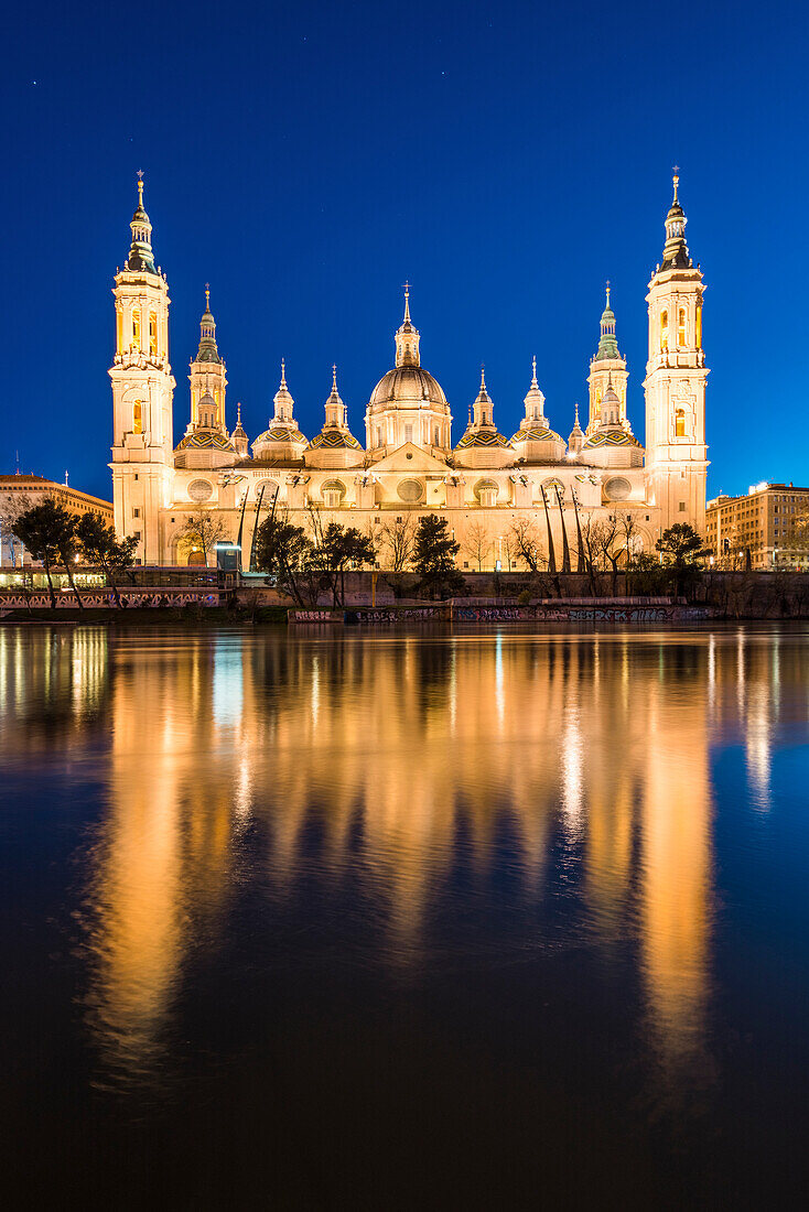 Cathedral of Our Lady of the Pillar at dusk. Zaragoza, Aragon, Spain, Europe