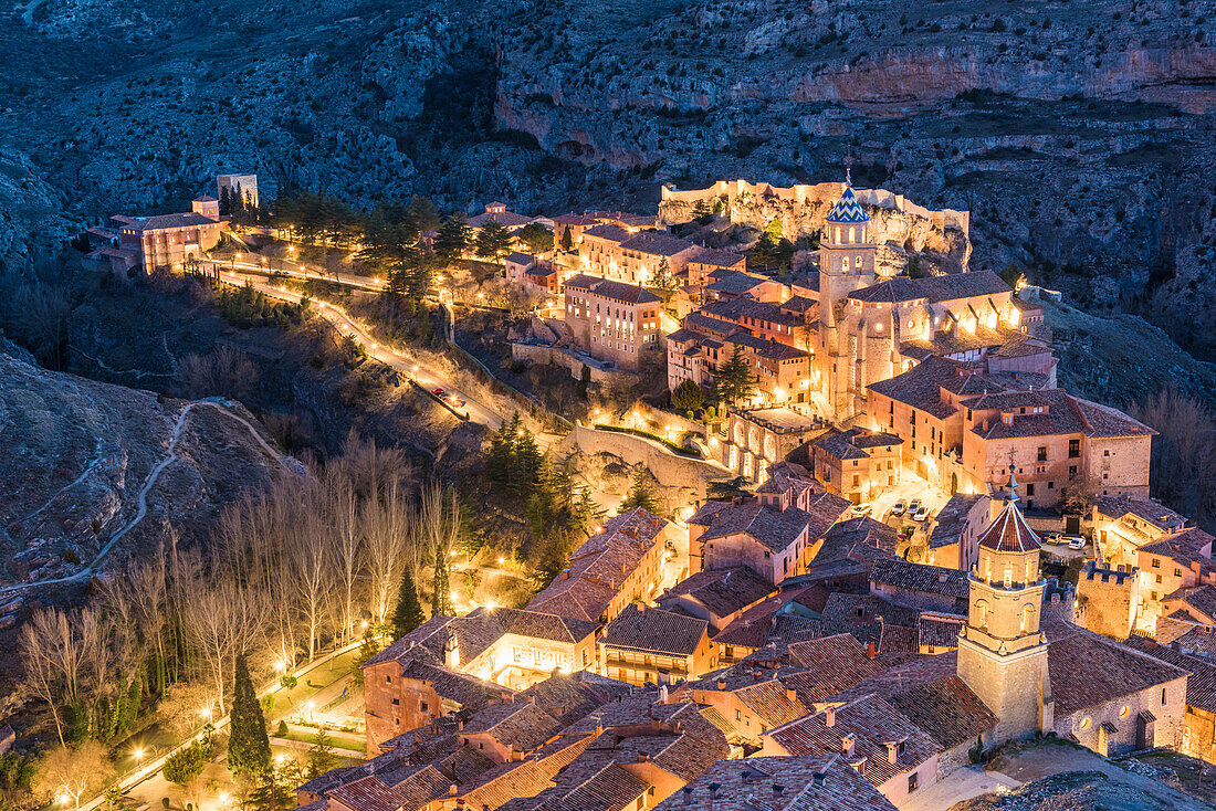 Albarracin town at dusk. Albarracin, Teruel, Aragon, Spain, Europe