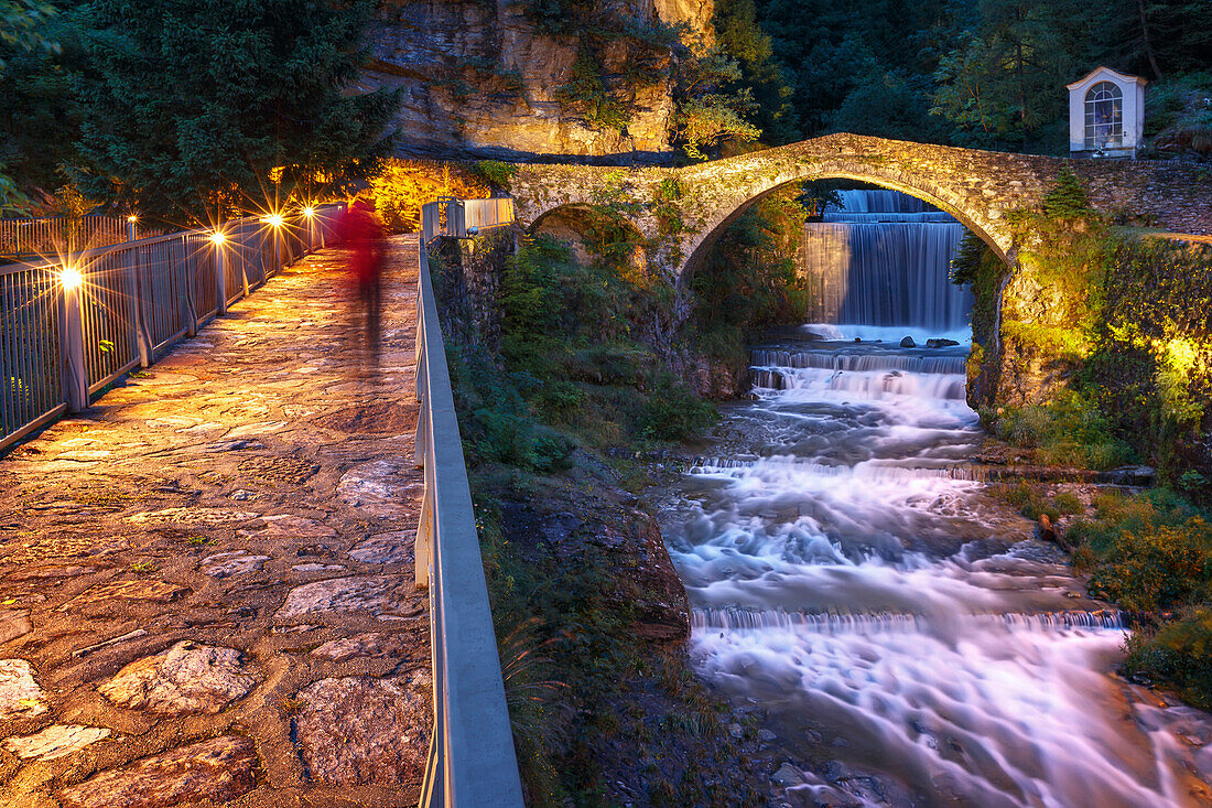 Alpine village of Campodolcino with the old Ponte Romano, Spluga valley, Sondrio province, Lombardy, Italy, Europe