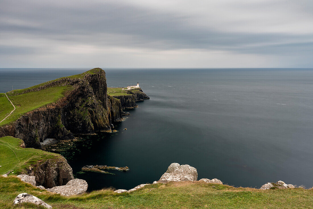 cloudy day at Neist Point Lighthouse, Isle of Skye, Inner hebrides, Scotland, Europe
